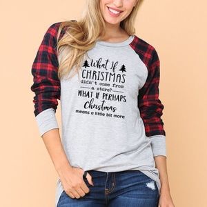 Christmas Top Grey Plaid Color Block Long Sleeves
